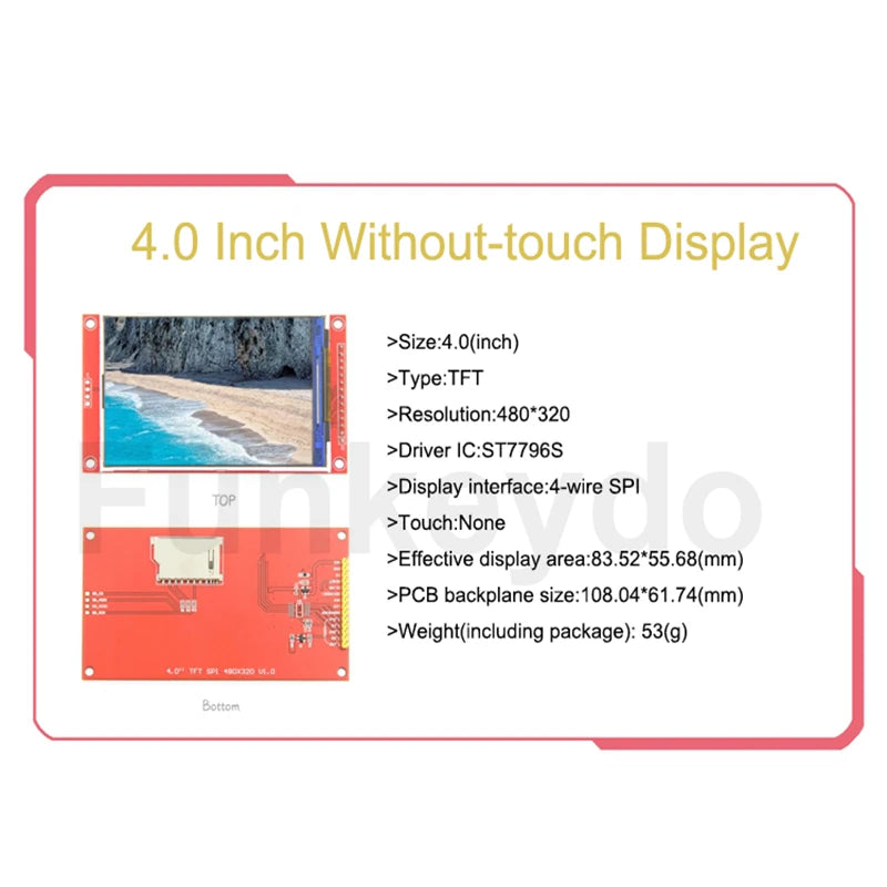4.0 Inch SPI Touch Screen TFT LCD Module 4.0" ST7796S Driver 480X320 Pixel TouchScreen Color Display Comaptible with Arduino IDE