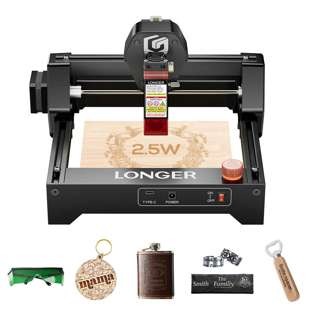 LONGER RAY5 Mini Laser Engraver 2.5W, 12,000mm/min, 0.04mm Precision, 130*140mm Working Area, LightBurn/LaserGRBL,300+ Materials
