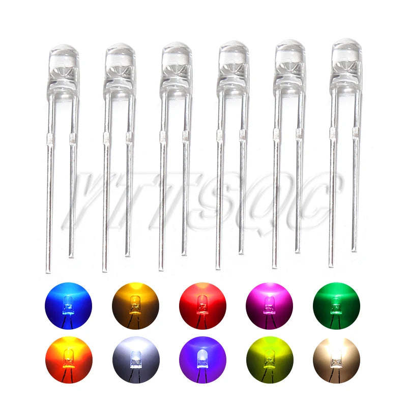 100pcs 3MM LED Diode Ultra Bright Warm White Blue Purple Red Green Yellow Orange Pink 2V 3V Multicolor Emitting Assortment