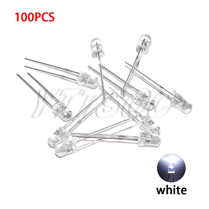100pcs 3MM LED Diode Ultra Bright Warm White Blue Purple Red Green Yellow Orange Pink 2V 3V Multicolor Emitting Assortment