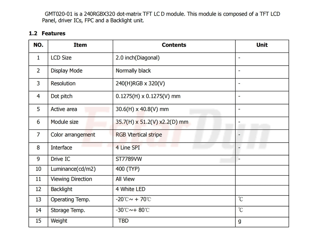 2.0 inch TFT Display240RGBx320 Dot-Matrix SPI Interface for Arduino Full Colour Display Module