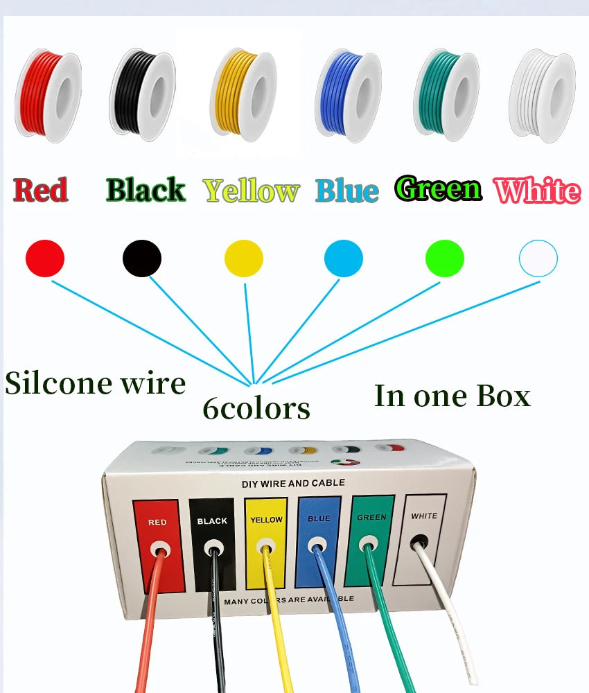 （6Colors Mix Kit）Heat Resistant Flexible Silicone Wire 30/28/26/24/22/20/18/16AWG Stranded Cable Electrical Tinned Copper Wires