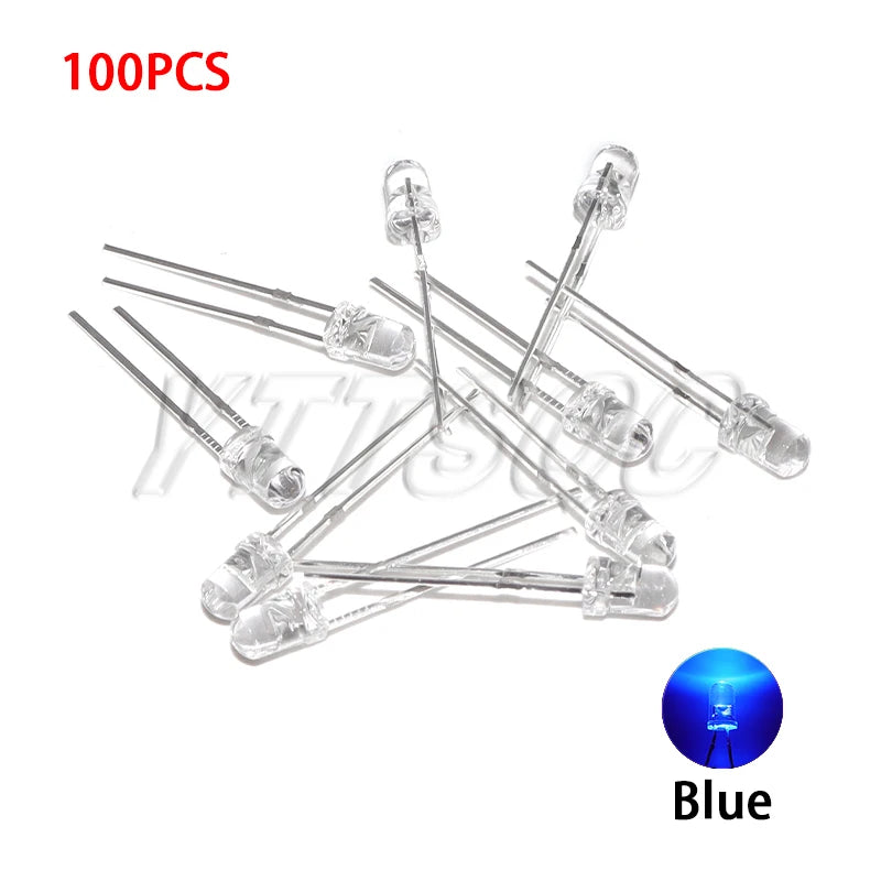 100pcs 3MM LED Diode Ultra Bright Warm White Blue Purple Red Green Yellow Orange Pink 2V 3V Multicolor Emitting Assortment
