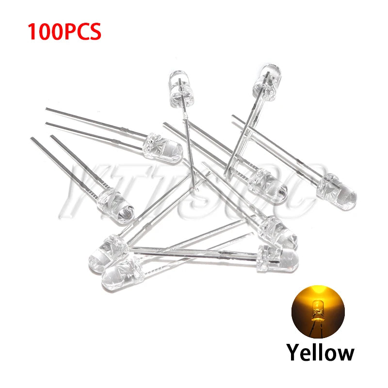 100pcs 3MM LED Diode Ultra Bright Warm White Blue Purple Red Green Yellow Orange Pink 2V 3V Multicolor Emitting Assortment