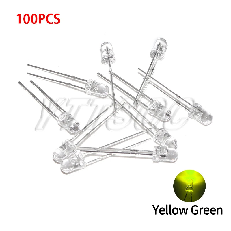 100pcs 3MM LED Diode Ultra Bright Warm White Blue Purple Red Green Yellow Orange Pink 2V 3V Multicolor Emitting Assortment