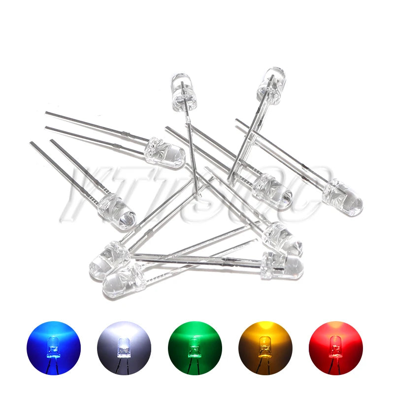 100pcs 3MM LED Diode Ultra Bright Warm White Blue Purple Red Green Yellow Orange Pink 2V 3V Multicolor Emitting Assortment