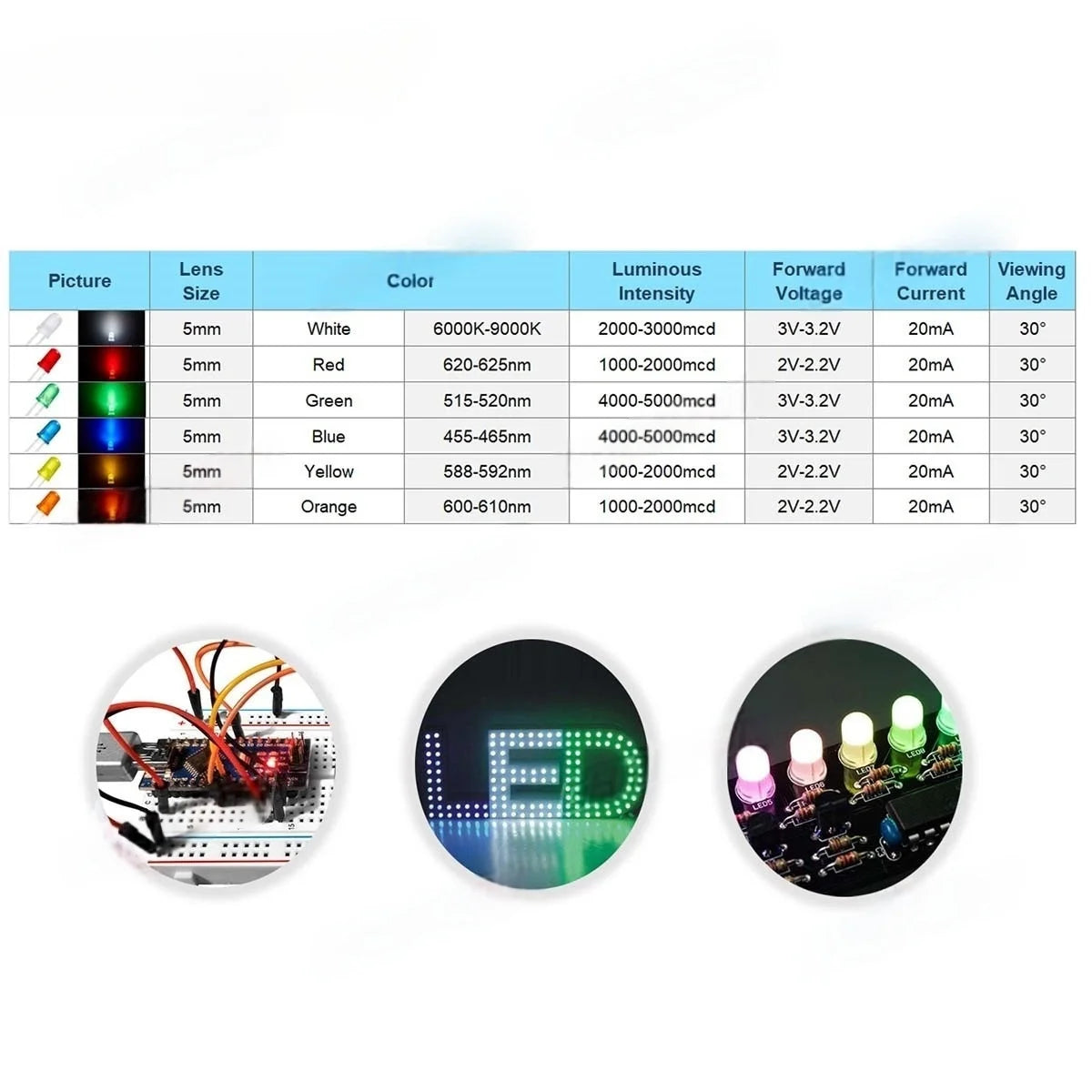 Diffused 5mm Led Diode Kit White Red Green Blue Yellow Orange 2V 3V Bulb Light Emitting Assortment Set Diy Arduino Pcb Circuit