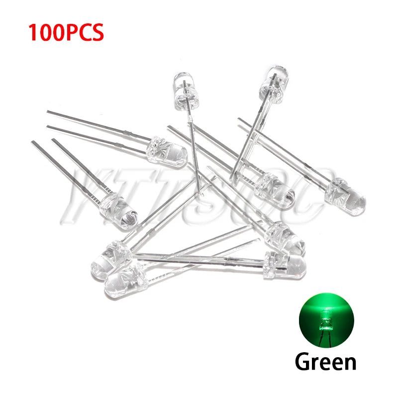 100pcs 3MM LED Diode Ultra Bright Warm White Blue Purple Red Green Yellow Orange Pink 2V 3V Multicolor Emitting Assortment
