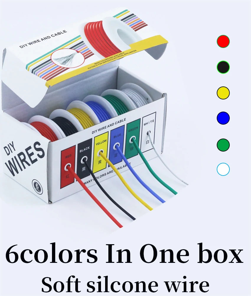 （6Colors Mix Kit）Heat Resistant Flexible Silicone Wire 30/28/26/24/22/20/18/16AWG Stranded Cable Electrical Tinned Copper Wires