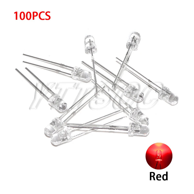100pcs 3MM LED Diode Ultra Bright Warm White Blue Purple Red Green Yellow Orange Pink 2V 3V Multicolor Emitting Assortment