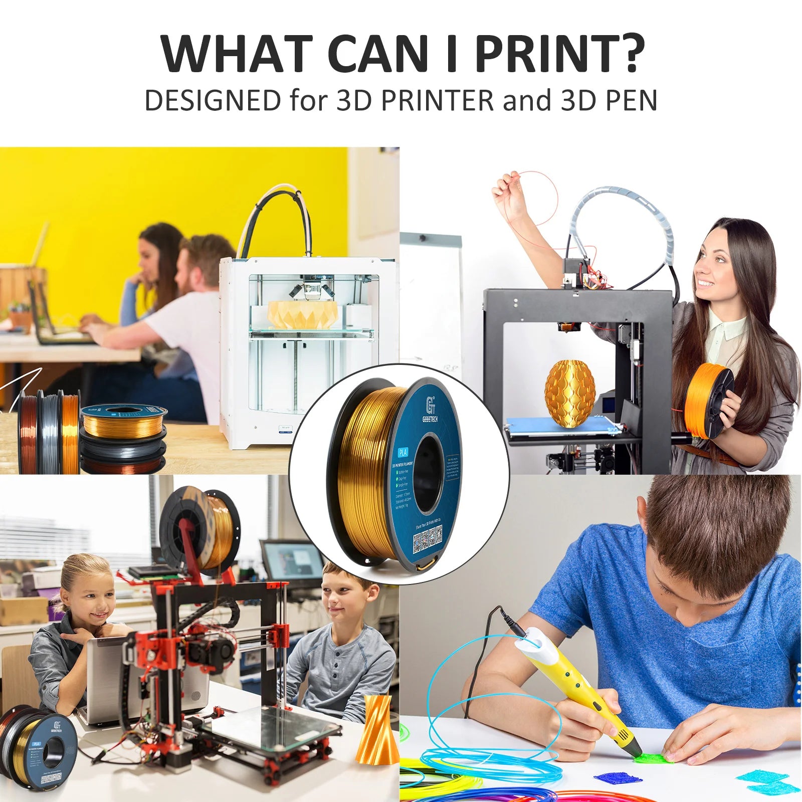 GEEETECH 5Rolls 3D Silk PLA Filament 1Kg/roll 1.75mm Spool Wire For 3D Printer Material,Safety, Vacuum packaging