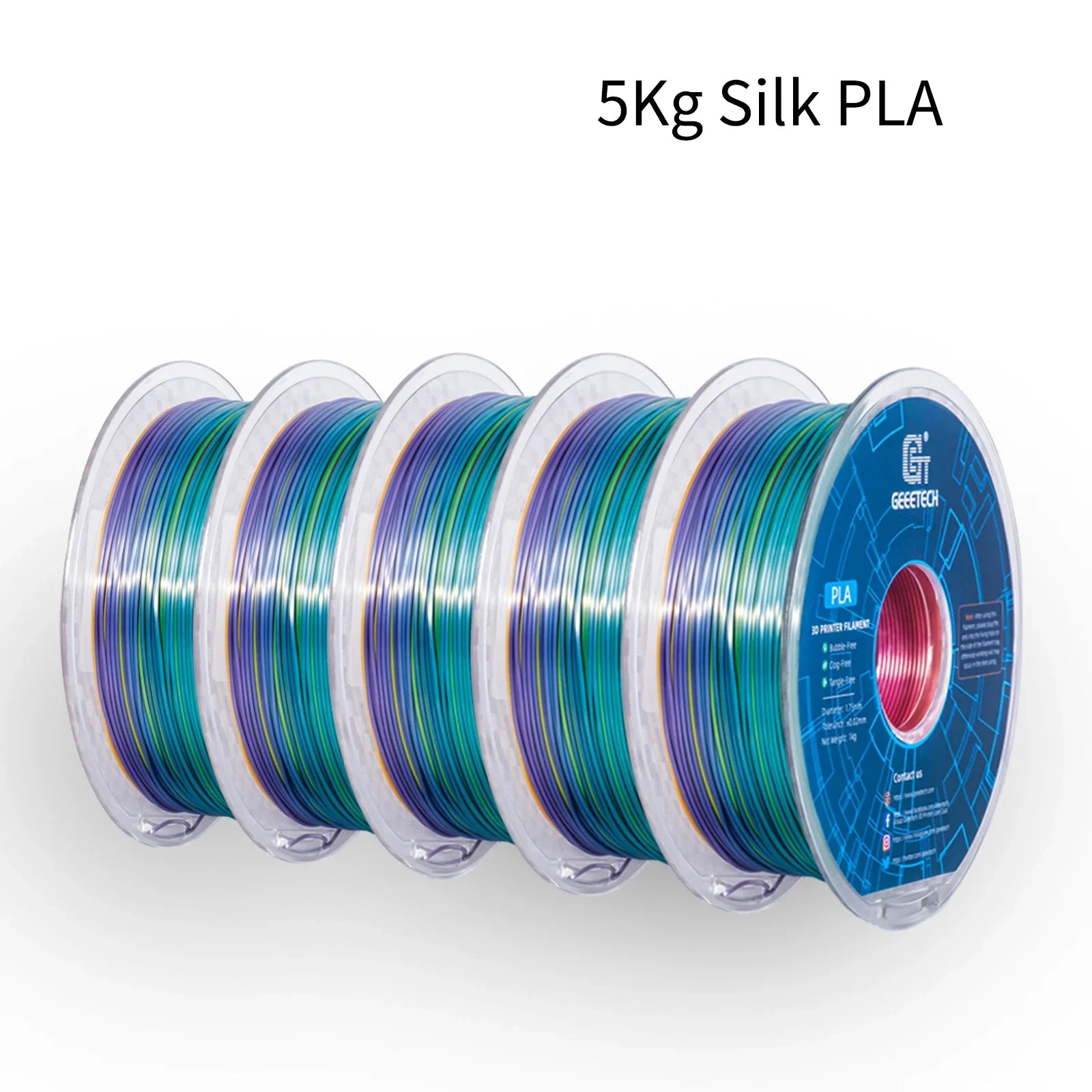 GEEETECH 5Rolls 3D Silk PLA Filament 1Kg/roll 1.75mm Spool Wire For 3D Printer Material,Safety, Vacuum packaging