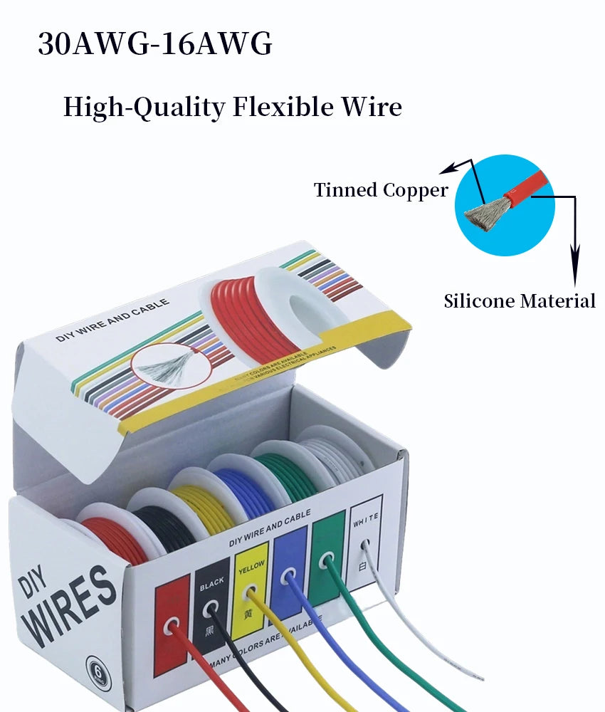 （6Colors Mix Kit）Heat Resistant Flexible Silicone Wire 30/28/26/24/22/20/18/16AWG Stranded Cable Electrical Tinned Copper Wires