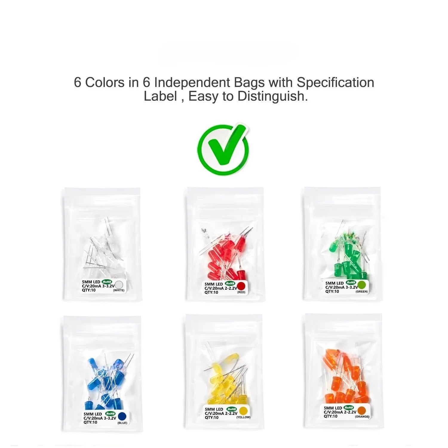 Diffused 5mm Led Diode Kit White Red Green Blue Yellow Orange 2V 3V Bulb Light Emitting Assortment Set Diy Arduino Pcb Circuit