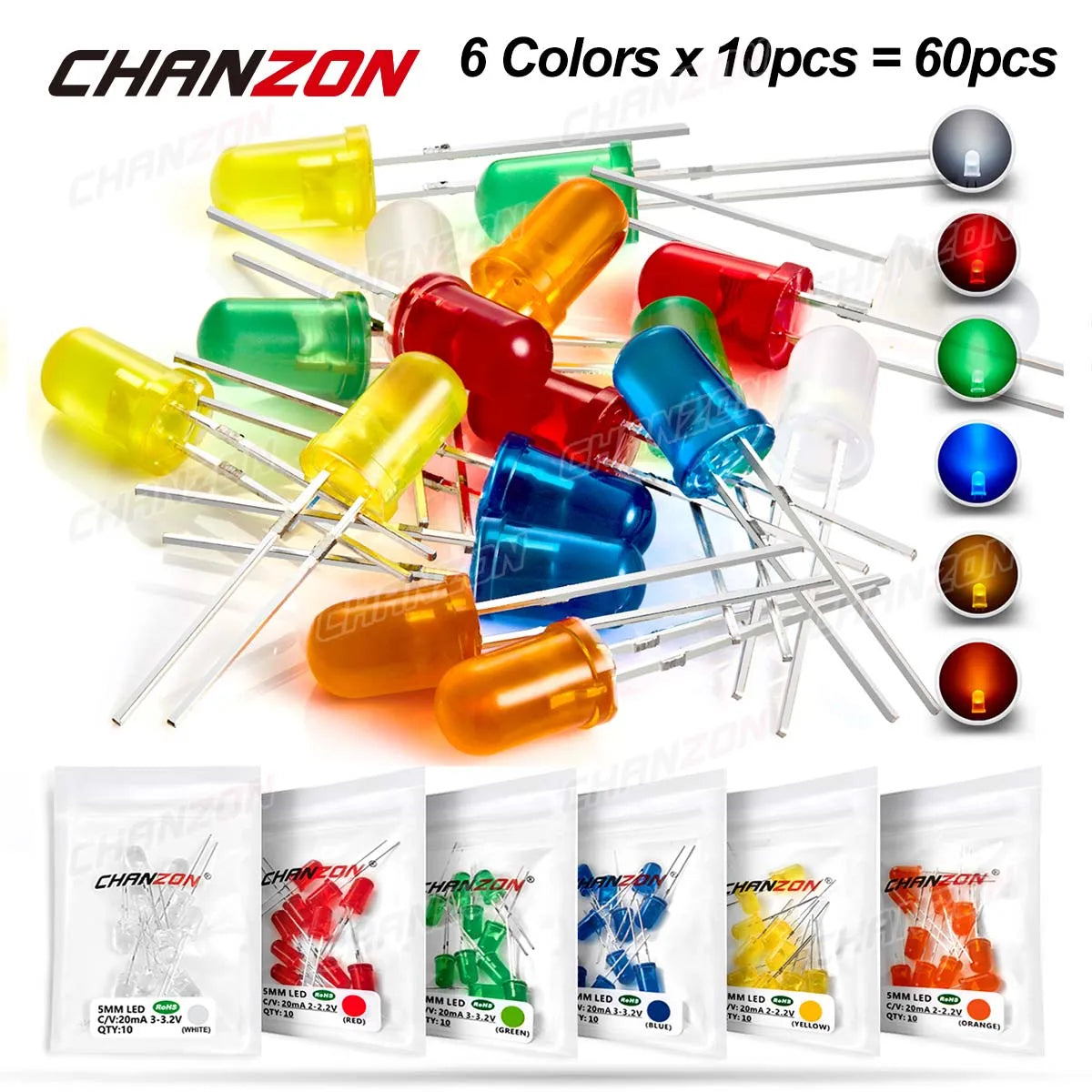 Diffused 5mm Led Diode Kit White Red Green Blue Yellow Orange 2V 3V Bulb Light Emitting Assortment Set Diy Arduino Pcb Circuit