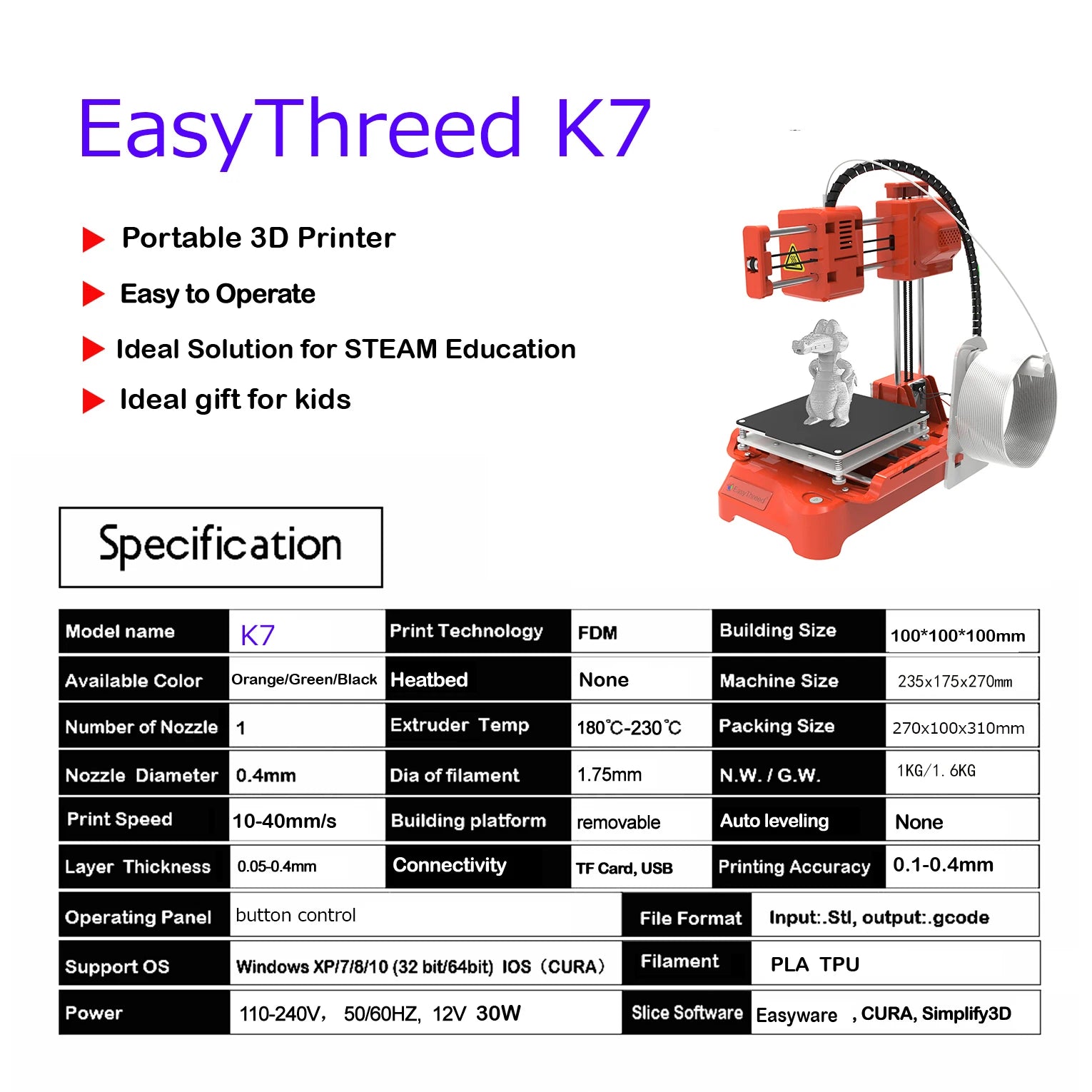 Easythreed K7 Mini FDM 3D Printer, 100x100x100mm Build Volume, Quiet Operation One Key Printing, Safe Entry Level 3D Printer for Kids Teens STEM Education Family DIY Beginners