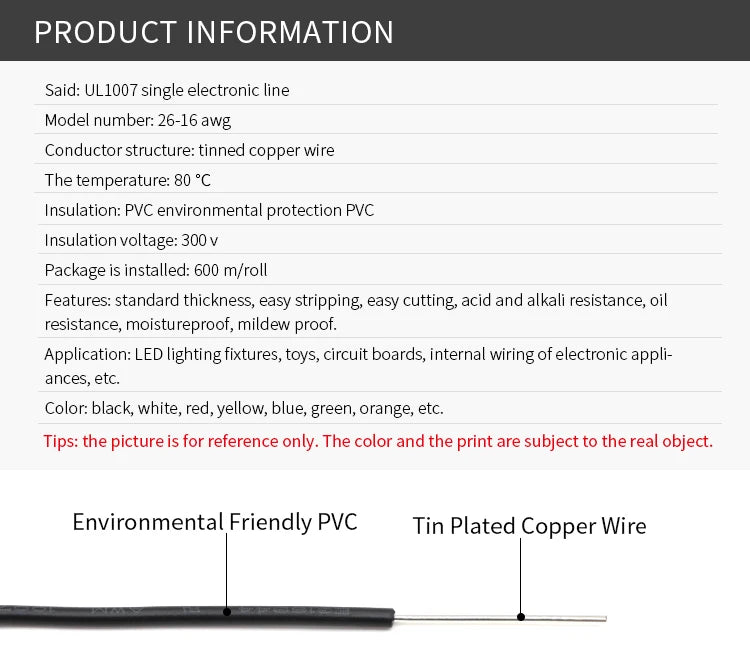 2~50m Copper Wire LED Cable 26 24 22 20 18 16 14 AWG Solid Line PVC Insulation Tinned Plating Single Core 1007 Electric Line