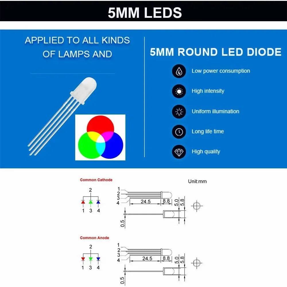 50-200PCS 5mm RGB LED Common Cathode/Anode Tri-Color Red/green/blue Diodes F5 Diffused Highlight for DIY Electronics