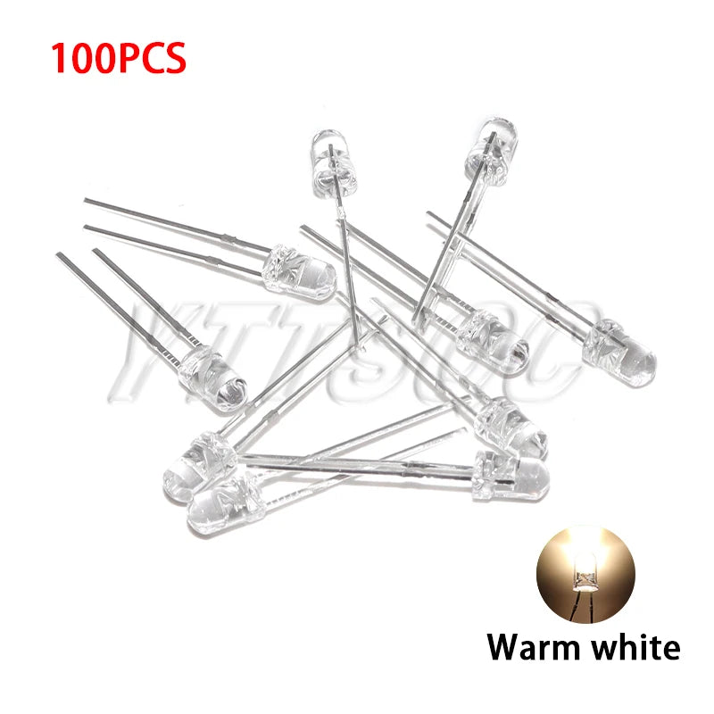 100pcs 3MM LED Diode Ultra Bright Warm White Blue Purple Red Green Yellow Orange Pink 2V 3V Multicolor Emitting Assortment