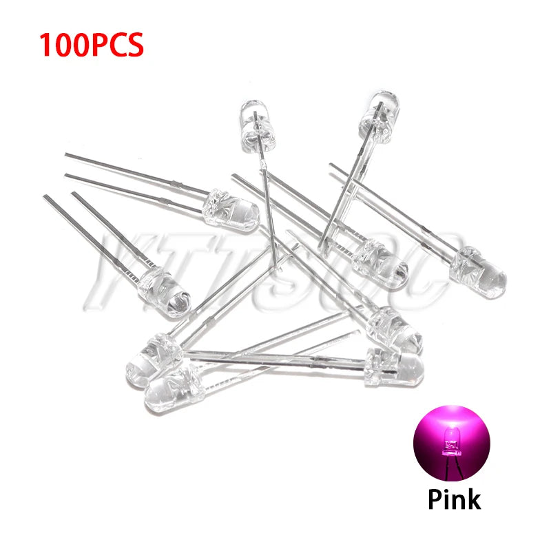 100pcs 3MM LED Diode Ultra Bright Warm White Blue Purple Red Green Yellow Orange Pink 2V 3V Multicolor Emitting Assortment