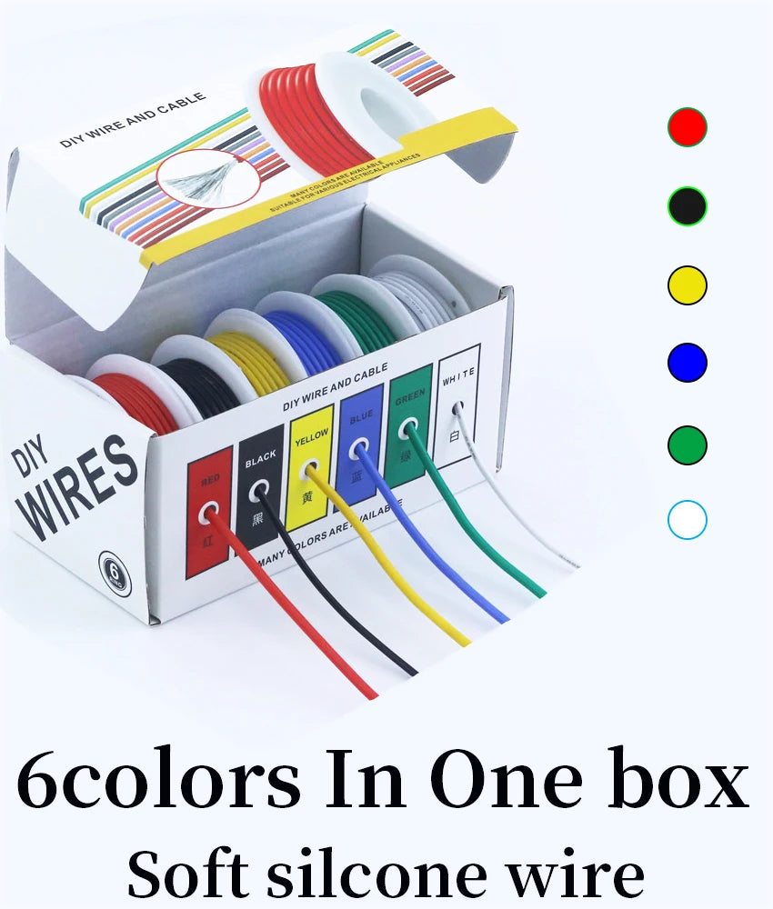（6Colors Mix Kit）Heat Resistant Flexible Silicone Wire 30/28/26/24/22/20/18/16AWG Stranded Cable Electrical Tinned Copper Wires