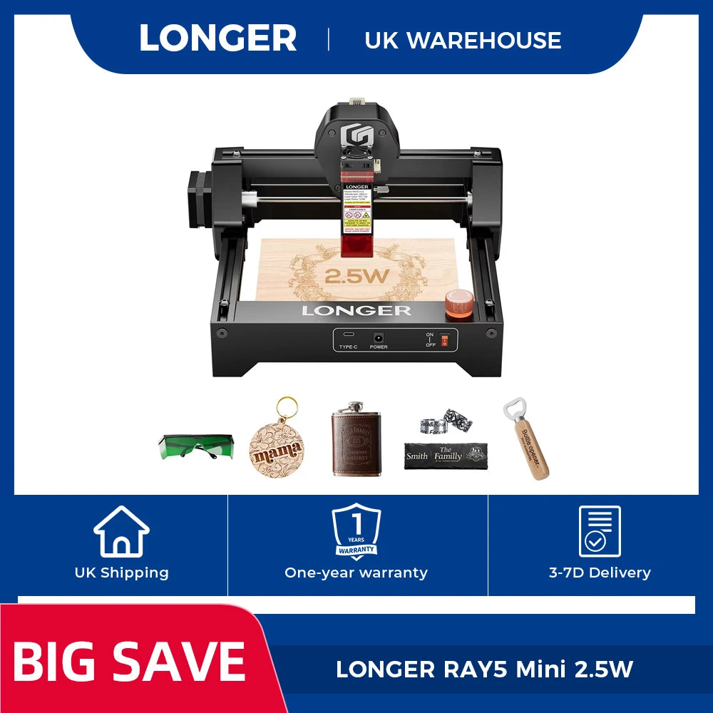 LONGER RAY5 Mini Laser Engraver 2.5W, 12,000mm/min, 0.04mm Precision, 130*140mm Working Area, LightBurn/LaserGRBL,300+ Materials