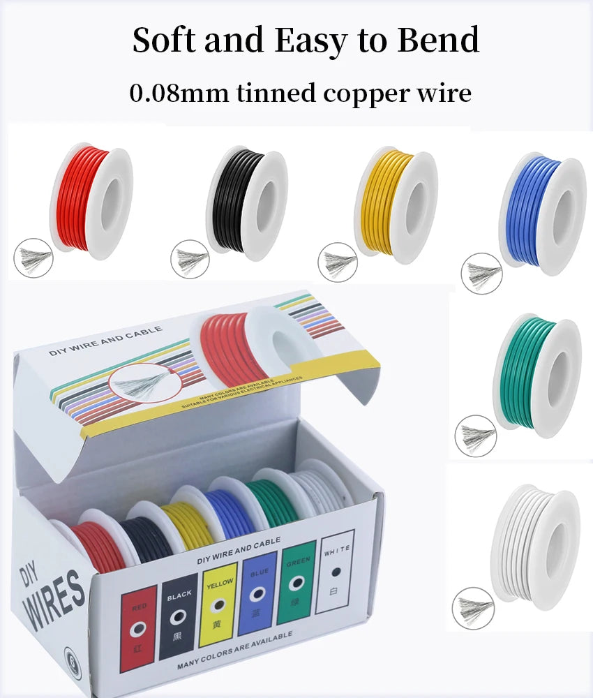 （6Colors Mix Kit）Heat Resistant Flexible Silicone Wire 30/28/26/24/22/20/18/16AWG Stranded Cable Electrical Tinned Copper Wires